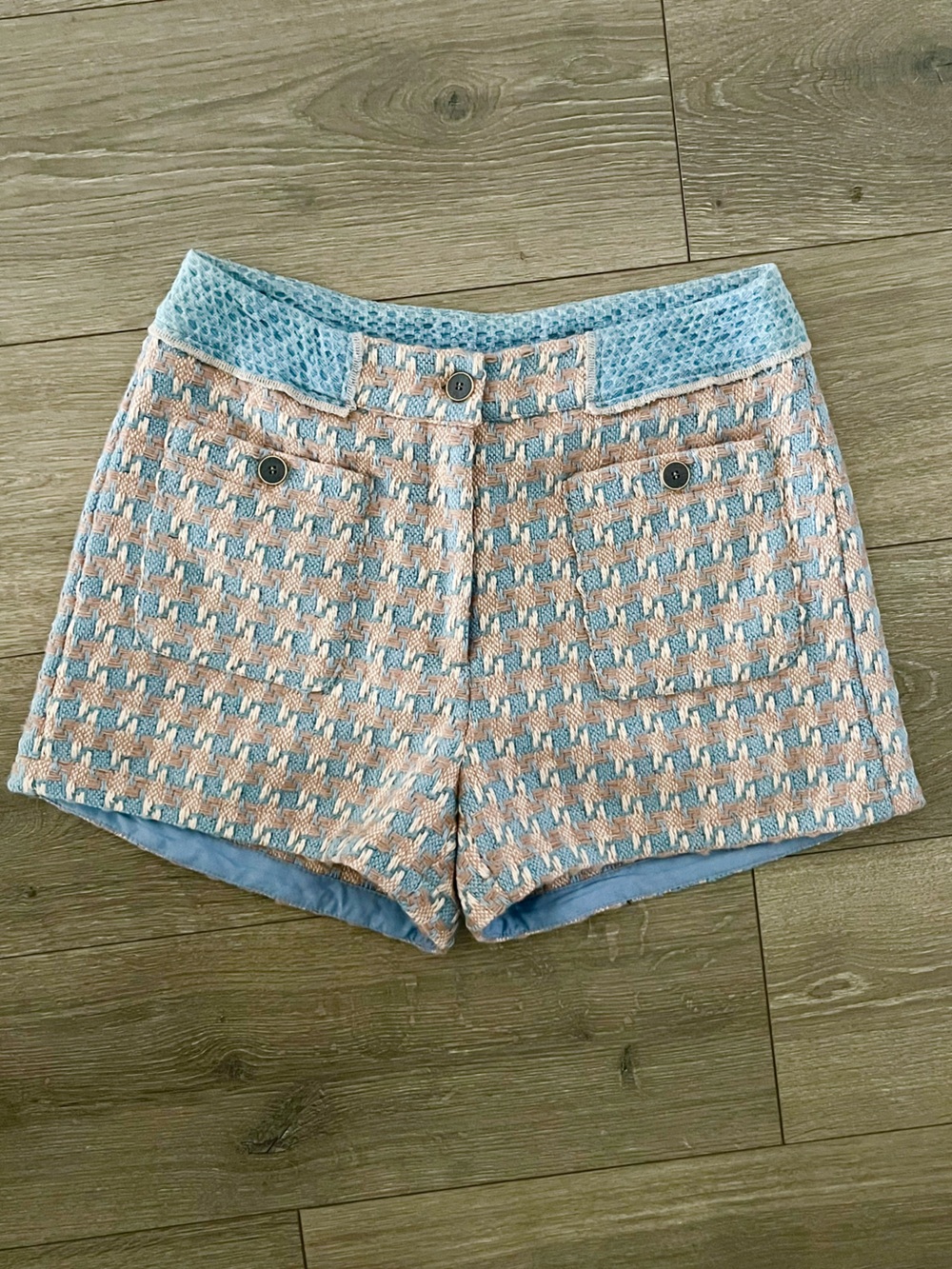 NWT Mystree Blue & Beige Tweed High-Waist Shorts Size Medium